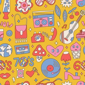 Seamless pattern with many hippie elements in retro 70s style on a yellow Stock Illustration