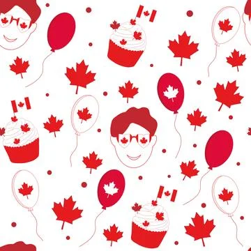 Seamless pattern with maple leaves, a man's head, balloons. Design for banner Stock Illustration