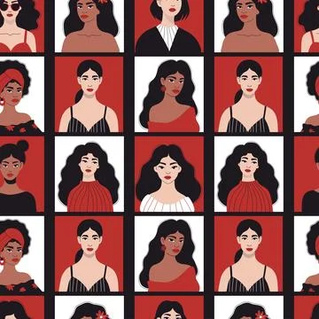 Seamless pattern March 8 Women's Day. Modern Diverse Woman. Minimalist Fema.. Illustrazione stock