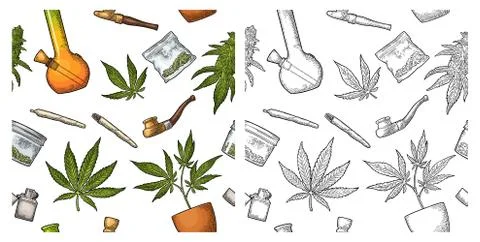 Seamless pattern with marijuana leaf. Vintage black vector engraving illustra Stock Illustration