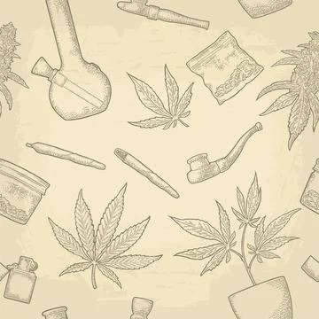 Seamless pattern with marijuana leaf. Vintage black vector engraving illustra Stock Illustration