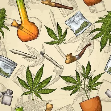 Seamless pattern with marijuana leaf. Vintage black vector engraving illustra Stock Illustration