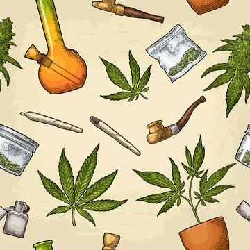 Seamless pattern with marijuana leaf. Vintage black vector engraving illustra 스톡 일러스트