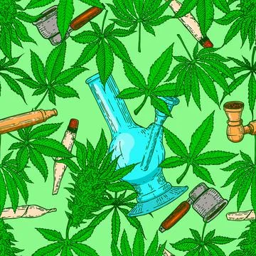 Seamless pattern with marijuana leaves, bong, smoking pipe. Design element fo Stock Illustration