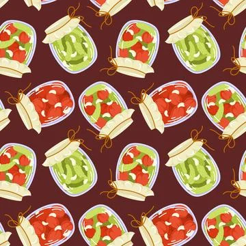 Seamless pattern of marinated vegetable in glass jars in cartoon style. Perfect Stock Illustration