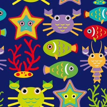 Seamless pattern with marine animals on a dark blue background. vector Stock Illustration