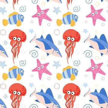 Seamless pattern of marine animals, jellyfish, shark, coral fish Illustrazione stock