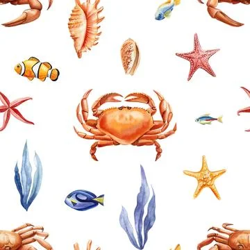 Seamless pattern marine animals. Seashells, crab, starfish and fish. Watercolor 스톡 일러스트