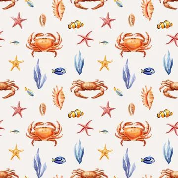 Seamless pattern marine animals. Seashells, crab, starfish and fish. Watercolor 스톡 일러스트