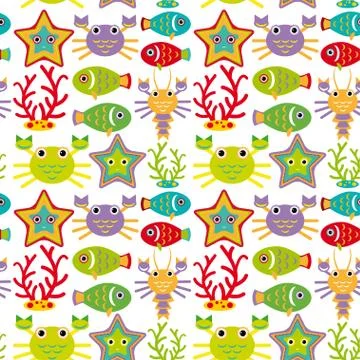 Seamless pattern with marine animals on a white background. Stock Illustration