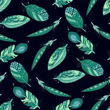 Seamless pattern in marine colors with feathers in tribal stye with beads in Stock Illustration