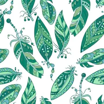 Seamless pattern in marine colors with feathers in tribal stye with beads in Stock Illustration