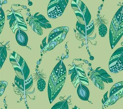 Seamless pattern in marine colors with feathers in tribal stye with beads in 스톡 일러스트
