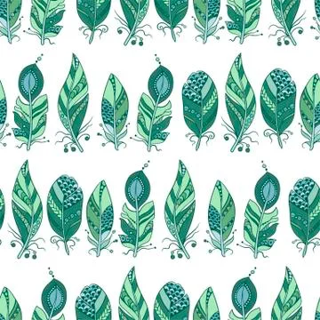 Seamless pattern in marine colors with horizontal lines of  feathers in triba Stock Illustration