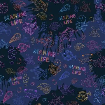 Seamless pattern Marine life Stock Illustration