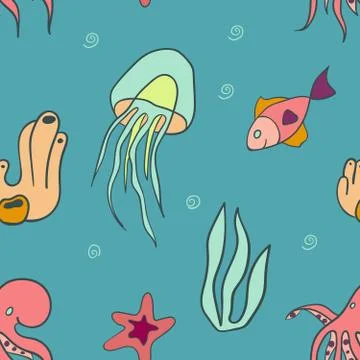 Seamless pattern with marine life Illustrazione stock