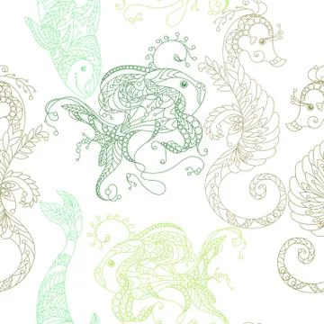 Seamless Pattern marine life in lines in pastel colors Stock Illustration