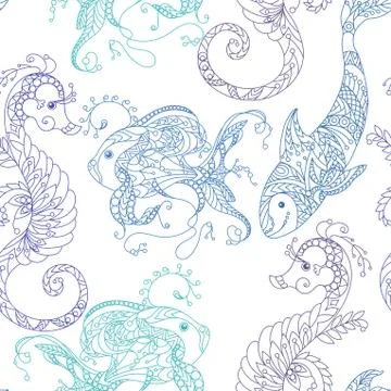 Seamless Pattern marine life in lines in pastel colors Stock Illustration