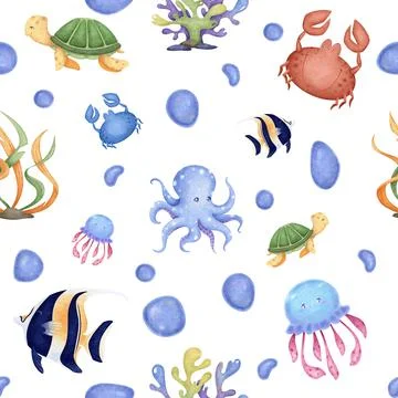 Seamless pattern with marine life: octopus, fish, jellyfish, crab, corals, al Stock Illustration