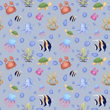 Seamless pattern with marine life: octopus, fish, jellyfish, crab, corals, al イラスト素材
