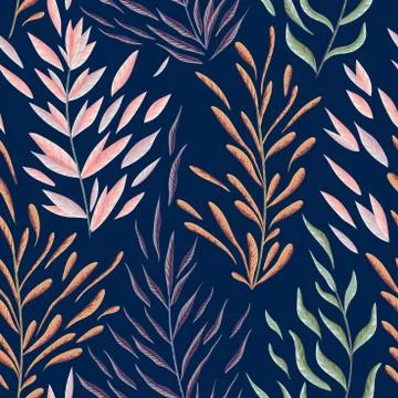 Seamless pattern with marine plants, leaves and seaweed. Stock Illustration