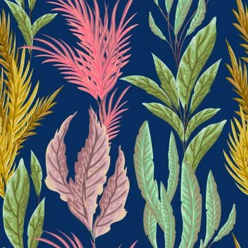 Seamless pattern with marine plants, leaves and seaweed Stock Illustration