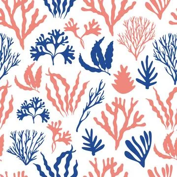 Seamless pattern with marine plants, leaves and seaweed. Hand drawn marine fl Stockillustratie