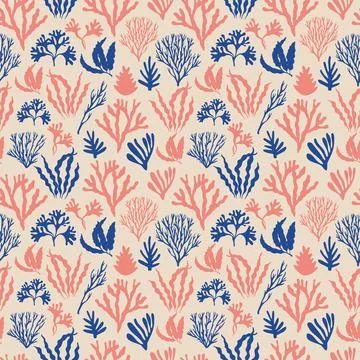 Seamless pattern with marine plants, leaves and seaweed. Hand drawn marine fl Stock Illustration