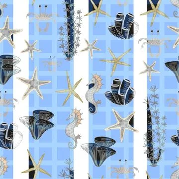 Seamless pattern in marine style. Sea stars on a blue background. Ocean and u Illustrazione stock