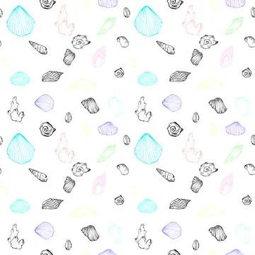 Seamless pattern on the marine theme. Background with seashells of different Illustrazione stock