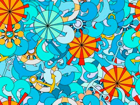 Seamless pattern on the marine theme.  Hand-drawn doodles waves and objects. Stock Illustration