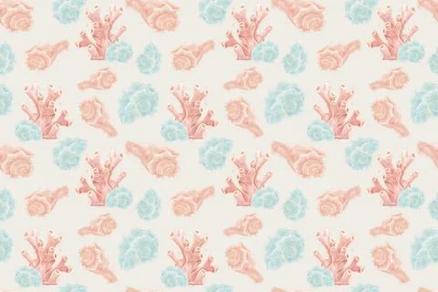 Seamless pattern on a marine theme with illustrations of corals and shells in Illustrazione stock