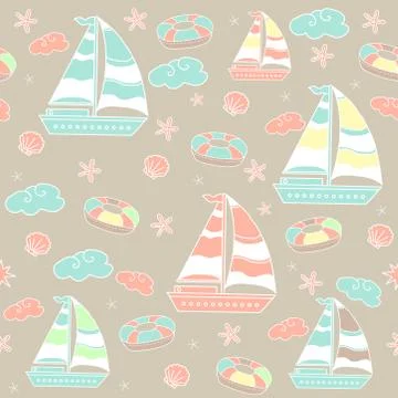 Seamless pattern. Marine theme with ships and clouds on a colored background Stock Illustration