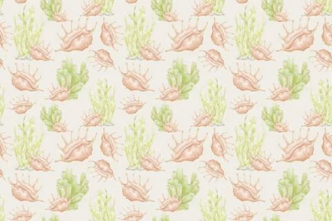 Seamless pattern on a marine theme with watercolor illustrations of algae and Stock Illustration