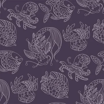 Seamless pattern in marine themes with wild sea animals and fishes in ornamen Stock Illustration