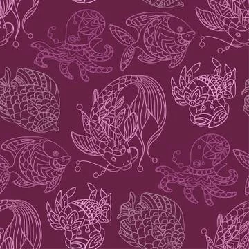 Seamless pattern in marine themes with wild sea animals and fishes in ornamen Stock Illustration