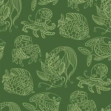 Seamless pattern in marine themes with wild sea animals and fishes in ornamen Stock-Illustration