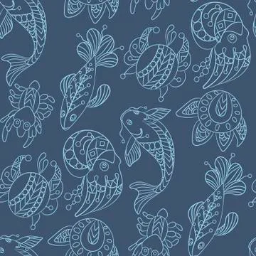 Seamless pattern in marine themes with wild sea animals and fishes in ornamen Stock Illustration