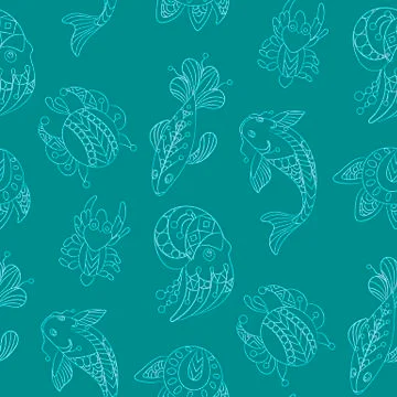 Seamless pattern in marine themes with wild sea animals and fishes in ornamen Stock Illustration