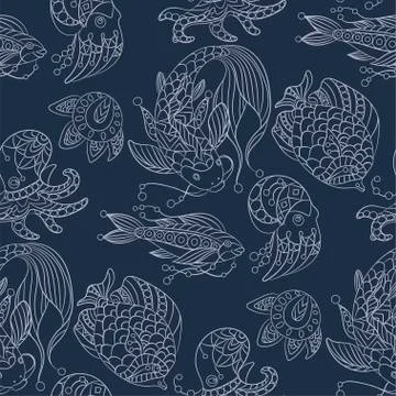 Seamless pattern in marine themes with wild sea animals and fishes in ornamen Stock Illustration