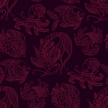 Seamless pattern in marine themes with wild sea animals and fishes in ornamen Stock-Illustration
