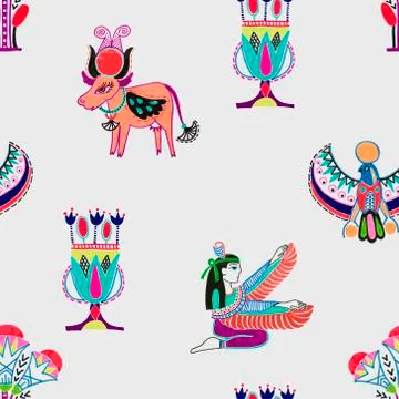 Seamless pattern with marker sketch drawing ancient egyptian sym Illustrazione stock