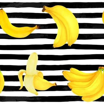 Seamless pattern markers painting bananas on black and white watercolor str.. Stock Illustration