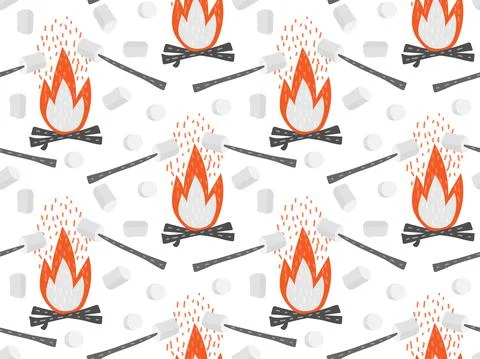 Seamless pattern with marshmallows on stick over bonfire. Black firewood burn in Stock Illustration