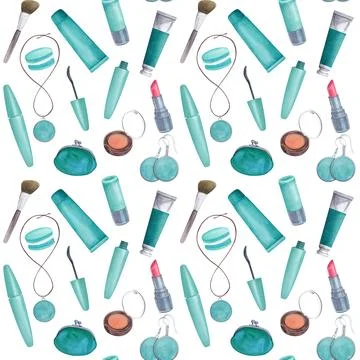 Seamless pattern mascara, blush, brush, lipstick, earrings, pendant Stock Illustration