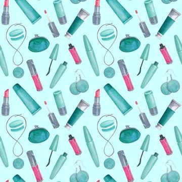 Seamless pattern mascara blush brush, lipstick, lip gloss, earrings pendant イラスト素材
