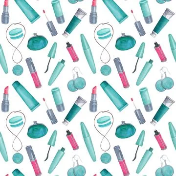 Seamless pattern mascara blush brush, lipstick, lip gloss, earrings, pendant Stock Illustration