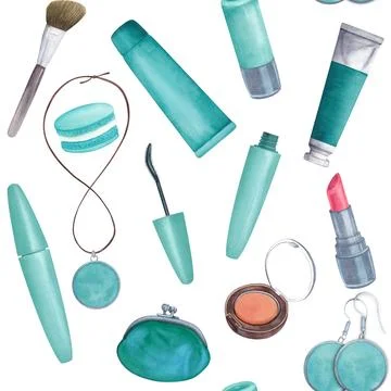 Seamless pattern mascara blush brush, lipstick, earrings, pendant, cosmetic イラスト素材