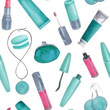 Seamless pattern mascara, blush, brush, lipstick, lip gloss, earrings Stock Illustration