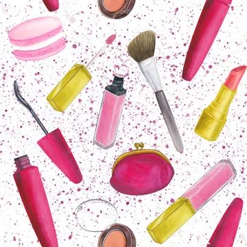 Seamless pattern mascara, blush, brush, lipstick, lip gloss, cosmetic bag Stock Illustration